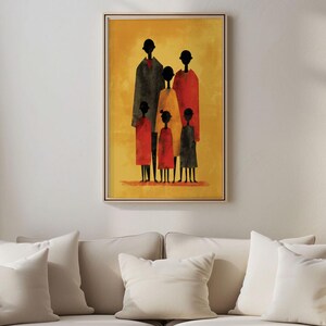 Minimalist family portrait picture for a family space — modern folk art in bold colors, creating a warm and inviting vibe.