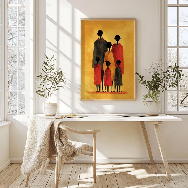 Graphic family portrait art for entryway — mid-century modern illustration featuring simplified figures in cozy hues and textured depth.