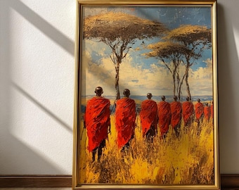 Vibrant Maasai Warrior Landscape - Printable African Safari Art, Dramatic Tribal Decor, Bold Colors with Acacia Trees, Digital Download