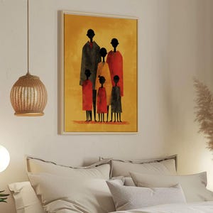 Retro-inspired family wall art for the hallway — vibrant graphic design showcasing elongated figures against a gold background.