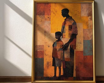 Pode incluir: Uma impressão artística emoldurada com uma representação estilizada de um pai e filho. A obra de arte usa uma paleta de cores quentes de laranjas, vermelhos e amarelos, com um fundo geométrico. As figuras são silhuetas em preto.
