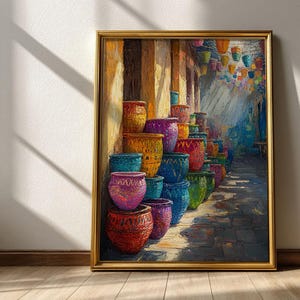 Rustic Mediterranean Market Wall Art - Vibrant Ceramic Pots & Jars Painting, Festive Cobblestone Alley Decor Print, Printable Download 19