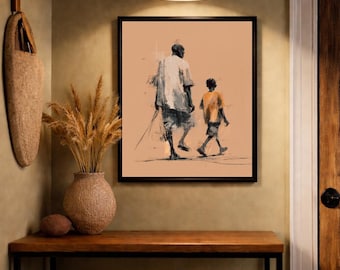 Arte em tela "Jornada do Pai e do Filho" – Decoração de parede inspirada na herança africana, impressão em tela emoldurada com temática afrocentrada sobre paternidade.