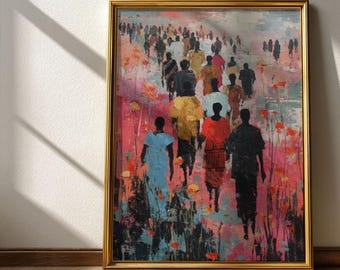 Vibrant African Community Life Painting - Expressive Silhouetted Figures, Contemporary Printable Abstract-Impressionist Wall Art