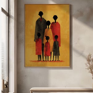Stylized family portrait wall art for the nursery — warm retro colors and cozy minimalist design featuring six elongated figures.