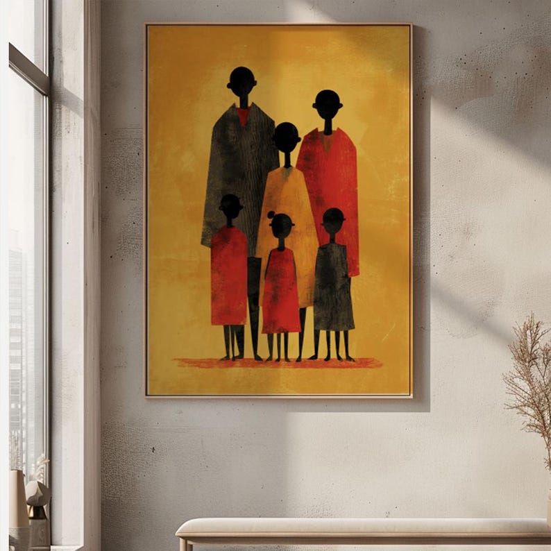 Stylized family portrait wall art for the nursery — warm retro colors and cozy minimalist design featuring six elongated figures.