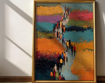 Rustikale afrikanische Dorf Gemeinschaft druckbare Kunst - Silhouette Prozession auf lebhaftem Weg, volkstümliche abstrakte Landschaft, lebhafter digitaler Download