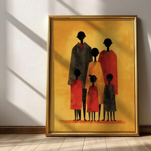 Whimsical family portrait printable for the office — modern folk-art style with cozy colors and elongated silhouettes adding warmth.