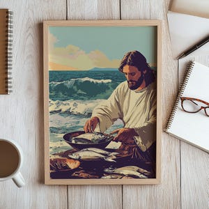 By the Sea Art Poster Prints, Jesus Feeds the 5000, DIGITAL PRINT!  God Provides, Jesus Art, Bible Art, WALL Art, Bible Sketch, Digital