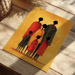 Elongated figures artwork for the living room — artistic family illustration in flat colors for a cozy and modern folk-art feel.