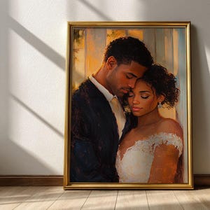 May include: A framed painting depicts a tender embrace between a man in a black suit and a woman in a white dress. The artwork features warm tones and soft brushstrokes, creating a romantic and intimate scene. The gold frame adds a touch of elegance.