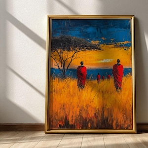 May include: A framed painting depicting a vibrant African savanna scene. The artwork features figures in red robes amidst tall, golden grass under a sunset sky with shades of orange, yellow, and blue. A tree silhouette is visible.