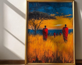 Printable Maasai Warriors at Sunset - Bold African Tribal Aesthetic, Dramatic Savanna Scene, Cinematic Wall Art, Digital Download