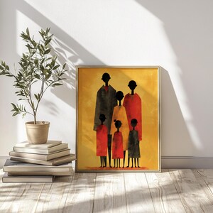 Cozy family portrait wall decor for the dining area — modern geometric figures with a painterly finish in a lovely warm spectrum.