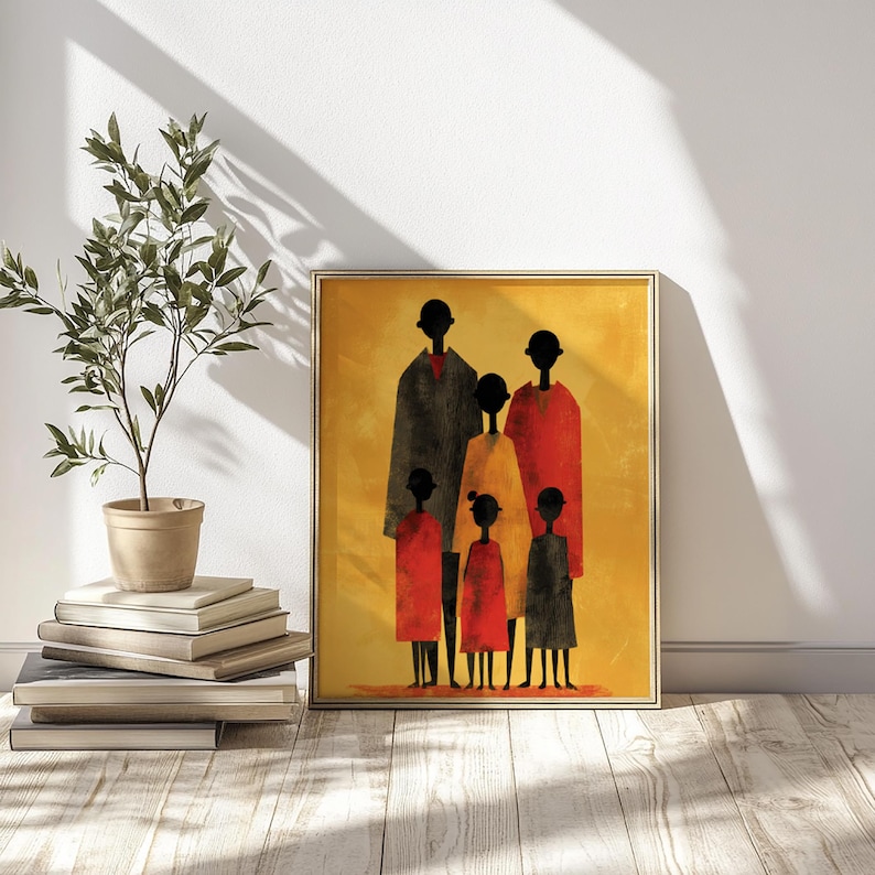 Cozy family portrait wall decor for the dining area — modern geometric figures with a painterly finish in a lovely warm spectrum.