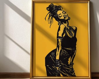 Black Woman Wall Art – Bold Feminine Power Art Print with Golden Tones