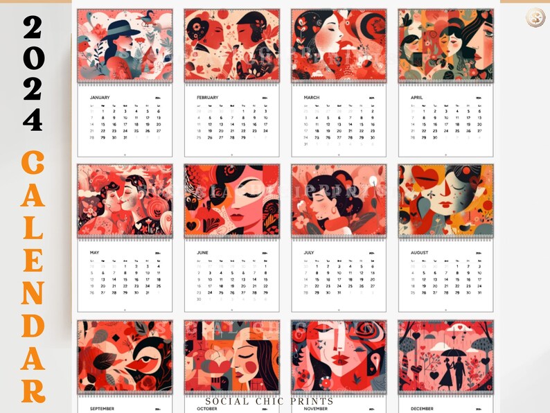 2024 Calendar, Wall Calendar 2024, Start the Year, Valentine Love Gift