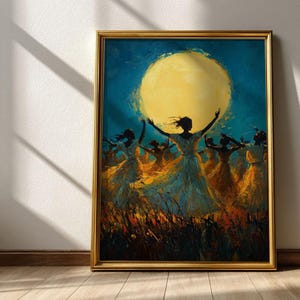 May include: A framed painting depicts silhouetted figures dancing beneath a large yellow moon. The artwork features a vibrant color palette of blues, yellows, and oranges, with a gold frame. The figures are in flowing dresses.