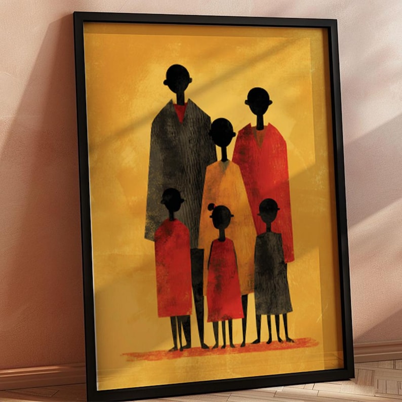 Modern folk-art printable art for the playroom — vibrant family illustration in bold colors with a textured painterly finish.