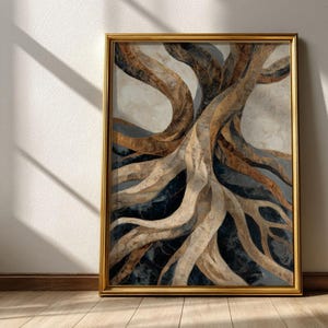 May include: A framed abstract art print featuring a tree root design. The artwork showcases intertwined roots in shades of brown and beige against a dark blue and gray background. The print is encased in a gold frame.