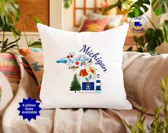 Cojín decorativo de Michigan, decoración del hogar de los Grandes Lagos, regalo de inauguración de la casa y para anfitriones de Michigan, cojín de orgullo estatal, regalo de mudanza, decoración del Medio Oeste