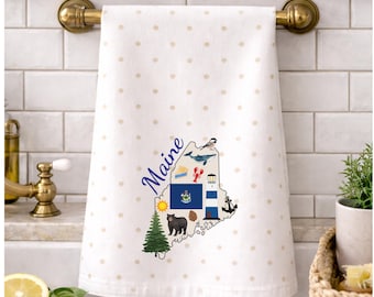 Maine State Map Tea Towel, Coastal Kitchen Decor, Housewarming Gift