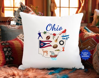Cojín decorativo de Ohio, cojín con el mapa del estado de Ohio, decoración del hogar del estado de Buckeye, regalo de mudanza e inauguración de la casa, decoración del Medio Oeste
