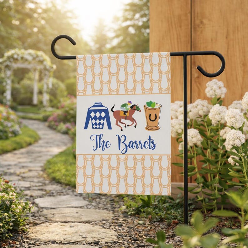 Bandera de jardín personalizada del Derby de Kentucky para aficionados a las carreras de caballos: idea de regalo perfecta para la anfitriona, letrero personalizado para exteriores del Derby y decoración divertida para fiestas. imagen 9