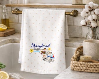 Maryland State Kitchen Tea Towel, MD Map Towel, Chesapeake Bay Decor, Maryland Gift, Nautical Home Decor