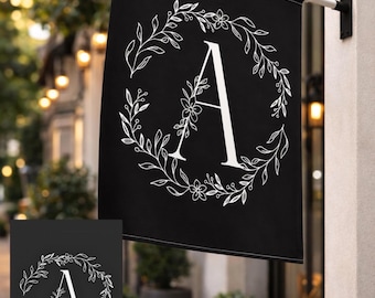 Personalized Monogram Garden Flag, Black White Floral Wreath House Decor