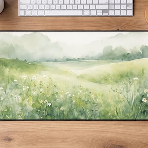 Wildflower Watercolor Aesthetic Desk Pad + Matching Mouse Pad, Artistic Botanical Green Garden Desk Mat, Cottagecore Nature Desk Home Decor