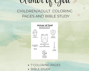 May include: A coloring book page titled "Armor of God" with illustrations of a helmet, breastplate, shield, belt, shoes, and sword. The page includes text for children and adults, Bible study, and reflection prompts.
