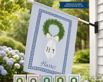 Personalized Gingham Garden Flag, Custom Monogram Wreath Flag, Preppy Blue Outdoor Yard Flag, Spring Porch Decor, Housewarming Gift