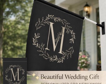 Personalized Wedding Garden Flag, Custom Monogram Last Name Flag, Elegant Black Porch Banner for Newlyweds, Bridal Shower Gift