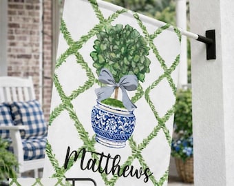 Chinoiserie Garden Flag Personalized, Ginger Jar Topiary Flag, Custom Name Outdoor Decor, Blue & Green Preppy Yard, Grandmillennial Garden