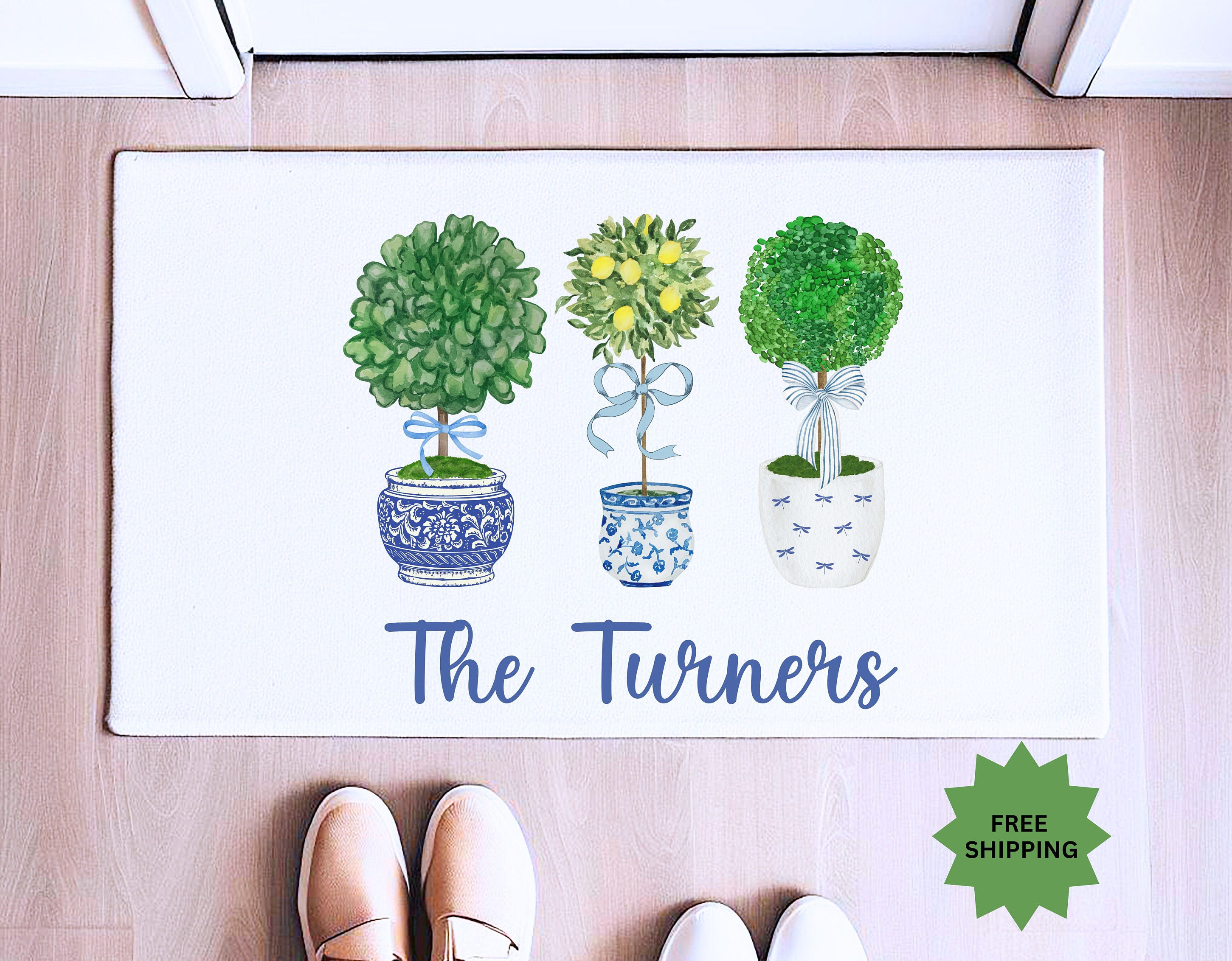 Custom Chinoiserie Topiary Ginger Jar Watercolor Doormat, Personalized