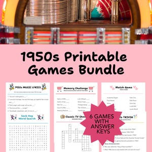 Könnte beinhalten: Ein Paket mit druckbaren Spielen zum Thema 1950er Jahre, darunter Musiktexte, eine Gedächtnisaufgabe und Quizfragen. Im Hintergrund ist eine Vintage-Jukebox zu sehen. Das Paket enthält 6 Spiele mit Schlüsseln.