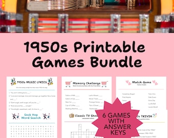 Paquete de juegos retro de los años 50 para personas mayores. Actividad que incluye: Trivia, letras, programas de TV, juegos de combinación, precios y búsqueda y encuentro, diversión para fiestas de cumpleaños de los años 50.