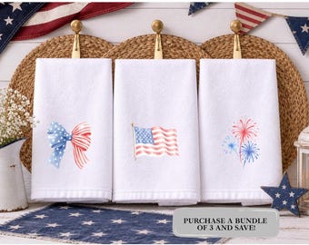 Patriotic Kitchen Towels Set – 4th of July Decor, Memorial Day, USA 250 Celebration, American Flag Dish Towels, Summer Hostess Gift