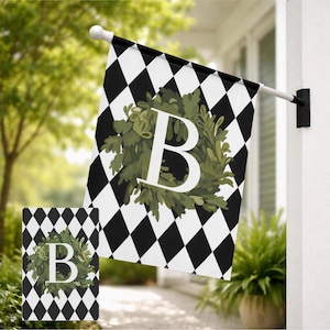 Personalized Harlequin Check Monogram Garden Flag, Custom Initial Wreath Outdoor Banner Elegant Diamond Pattern Yard Decor Housewarming Gift