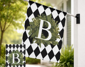 Personalized Harlequin Check Monogram Garden Flag, Custom Initial Wreath Outdoor Banner Elegant Diamond Pattern Yard Decor Housewarming Gift