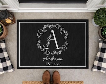 Personalized Monogram Doormat, Custom Family Name Door Mat, Large Entryway Rug 24x36 36x60 48x72, Black Sage Beige Welcome Mat