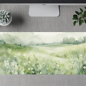 Wildflower Watercolor Aesthetic Desk Pad + Matching Mouse Pad, Artistic Botanical Green Garden Desk Mat, Cottagecore Nature Desk Home Decor