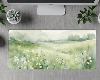 Wildflower Watercolor Aesthetic Desk Pad + Matching Mouse Pad, Artistic Botanical Green Garden Desk Mat, Cottagecore Nature Desk Home Decor