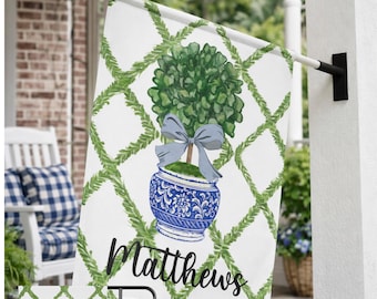 Grandmillennial Chinoiserie Garden Flag, Personalized Blue & White Ginger Jar Topiary, Custom Family Name Preppy Front Porch Decor