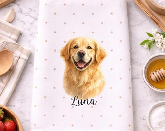 Custom Pet Portrait Tea Towel • Personalized Dog Towel with Name • Custom Pet Watercolor Kitchen Towel • Dog Mom and Pet Lover Gift