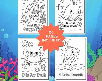 Sea Creature Alphabet Malseiten -A-Z Meerestiere Aktivität Blätter | Druckbare Kinder Färbung | Lernblätter zum Thema Unterwasser ABC