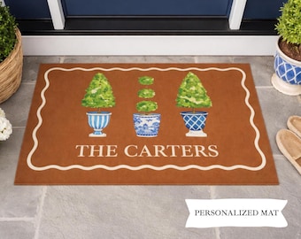 Personalized Blue and White Doormat-Chinoiserie Front Porch Rug, Custom Family Name Welcome, Grandmillennial Spring Mat 24x36 36x60 48x72