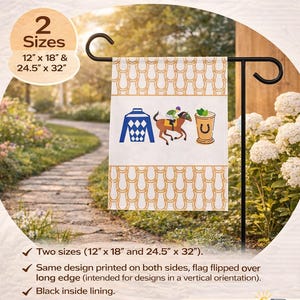 Bandera de jardín personalizada del Derby de Kentucky para aficionados a las carreras de caballos: idea de regalo perfecta para la anfitriona, letrero personalizado para exteriores del Derby y decoración divertida para fiestas. imagen 3