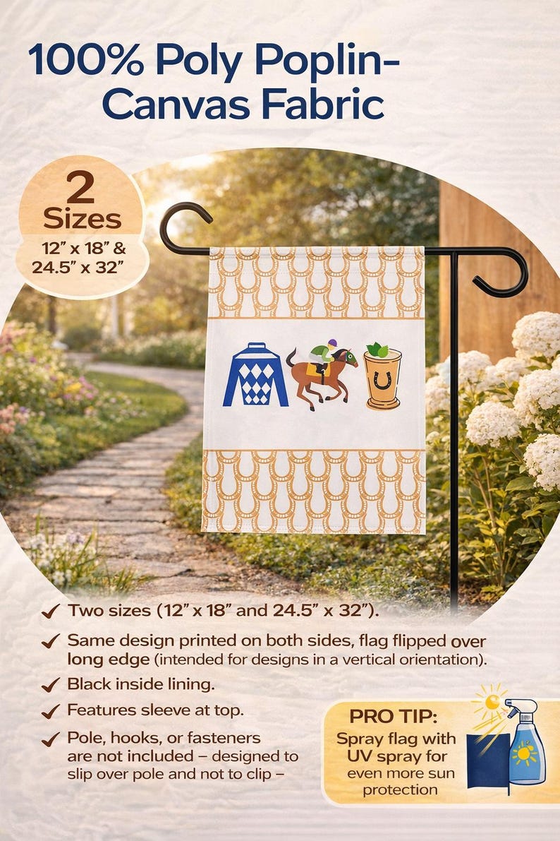 Bandera de jardín personalizada del Derby de Kentucky para aficionados a las carreras de caballos: idea de regalo perfecta para la anfitriona, letrero personalizado para exteriores del Derby y decoración divertida para fiestas. imagen 3
